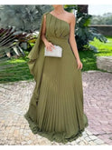 Green Araluen one-shoulder pleated dress by Lumina Wear, showcasing a stylish, flowing design in a two-XS size.