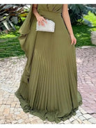 Green Araluen one-shoulder pleated dress by Lumina Vancouver, featuring elegant draping and a stylish single shoulder design.
