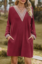 Women's Casual Dress - Loose Fit - V-Neck Lace Trim - Long Sleeve with Pockets by Lumina Vancouver
