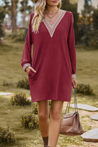 Women's Casual Dress - Loose Fit - V-Neck Lace Trim - Long Sleeve with Pockets by Lumina Vancouver