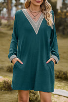 Women's Casual Dress - Loose Fit - V-Neck Lace Trim - Long Sleeve with Pockets by Lumina Vancouver