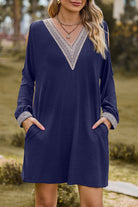 Women's Casual Dress - Loose Fit - V-Neck Lace Trim - Long Sleeve with Pockets by Lumina Vancouver