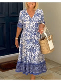 Blue ARIA floral dress with V-neck by Lumina Wear, featuring elegant design and fitted silhouette for stylish occasions.