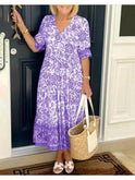 Blue Lumina Wear ARIA floral dress with V-neck, elegant design, showcasing the dress's intricate floral pattern and neckline.