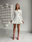 Lumina Wear Aria long sleeve mini dress with fitted bodice, white color, stylish and elegant for versatile occasions.