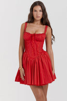 White Lumina Vancouver mini dress with lace-trim bodice, featuring a fitted silhouette and delicate lace details.