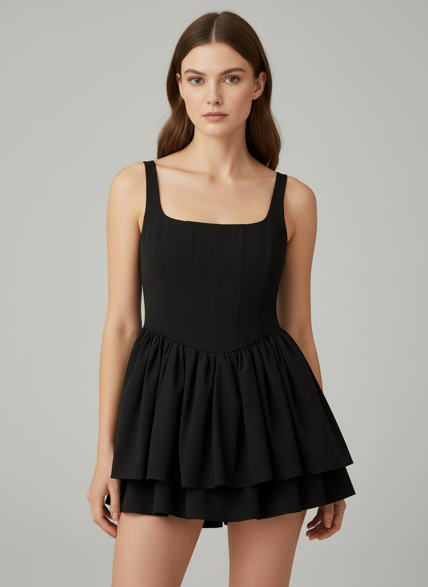 Black satin mini dress with square neckline by Lumina Vancouver, featuring a fitted silhouette and elegant design.