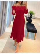 Red off-shoulder maxi dress by Lumina Vancouver featuring a flowing silhouette and elegant design.