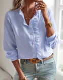 Pink Lumina Wear Ariana ruffled button blouse with elegant design and versatile styling, shown on a mannequin.