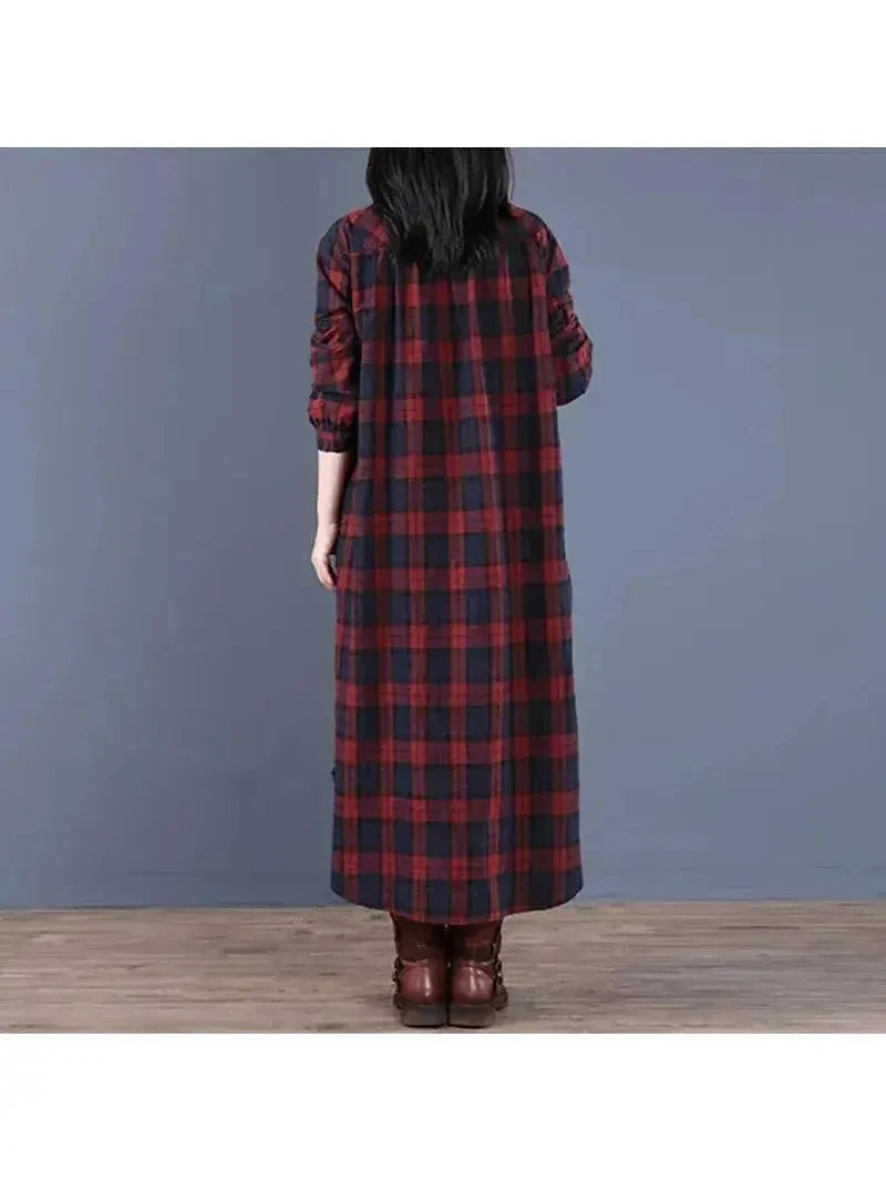 Red grid-pattern Arianna medium-length shirt dress by Lumina Vancouver, displayed on a hanger with a casual, stylish look.