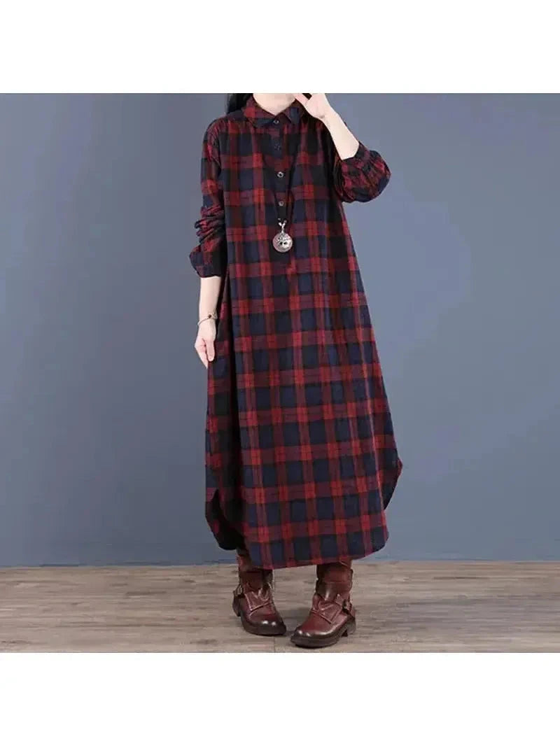 Red grid-pattern Arianna medium-length shirt dress by Lumina Vancouver, shown on a mannequin with a collar and button-front design.