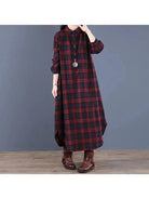Red grid-pattern Arianna medium-length shirt dress by Lumina Vancouver, shown on a mannequin with a collar and button-front design.