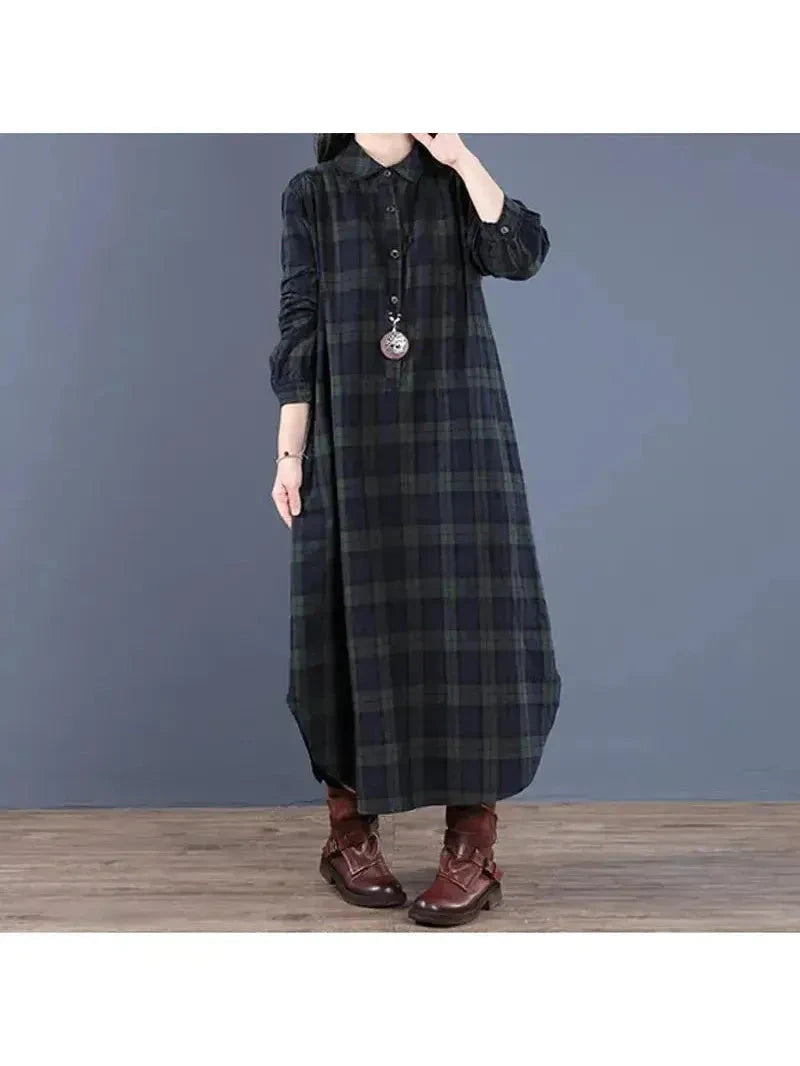 Red grid-pattern Arianna medium-length shirt dress by Lumina Vancouver, featuring a classic collar and button front.