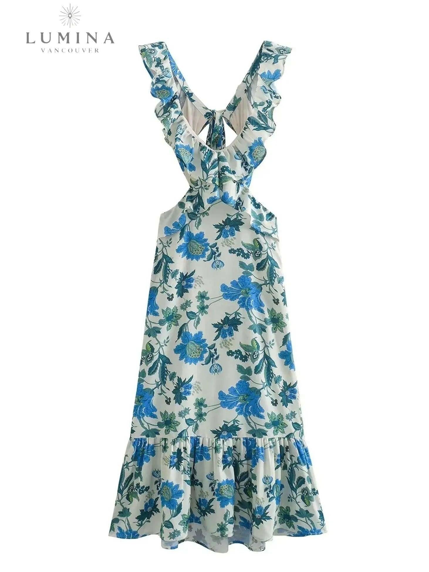 Orange Ariella floral ruffle dress by Lumina Wear, size 4-6X, featuring ruffles and holiday-inspired floral print.