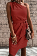 Pink Artemis mini dress by Lumina Wear featuring a one-shoulder wrap style, stylish and elegant for special occasions.