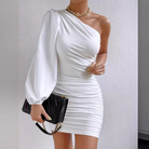 White Eir One-Shoulder Mini Dress with ruched details by Lumina Vancouver, shown on a model against a plain background.