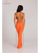 Red Astrid backless maxi dress by Lumina Vancouver, elegant wedding guest gown with flowing fabric and open back design.