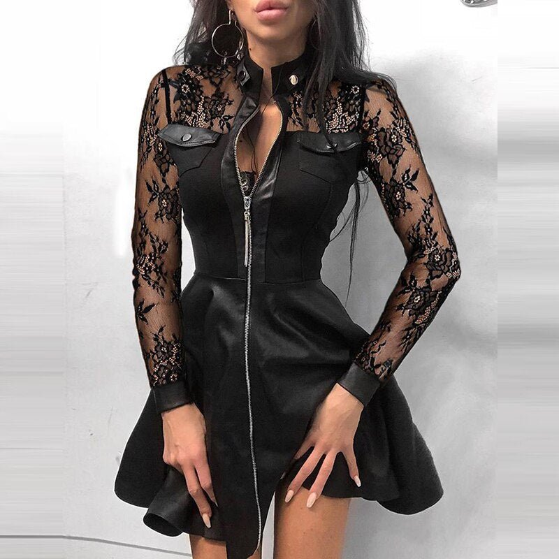 Black Astrid faux leather mini dress by Lumina Vancouver, shown on a model, highlighting its sleek, fitted silhouette and stylish design.