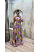 Purple Audrey flowing gown by Lumina Vancouver, elegant wedding guest dress with a stylish, breezy design and intricate details.