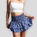 Dark pink Aurelie bohemian skirt with playful ruffles and vibrant print by Lumina Wear, perfect for casual and summer wear.
