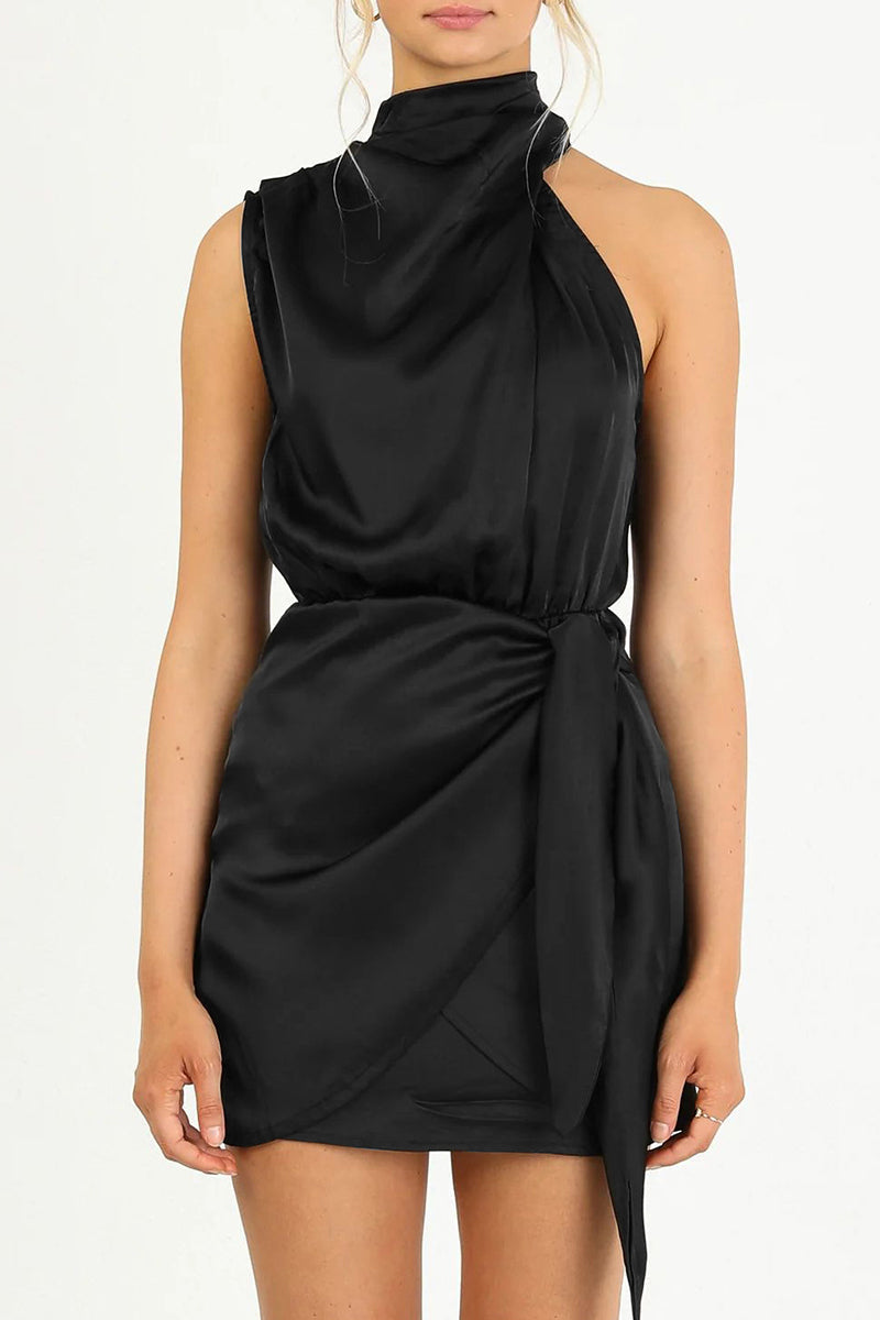 Kaisa Belle satin halter mini dress in apricot by Lumina Vancouver, featuring a sleek halter neckline and smooth satin fabric.