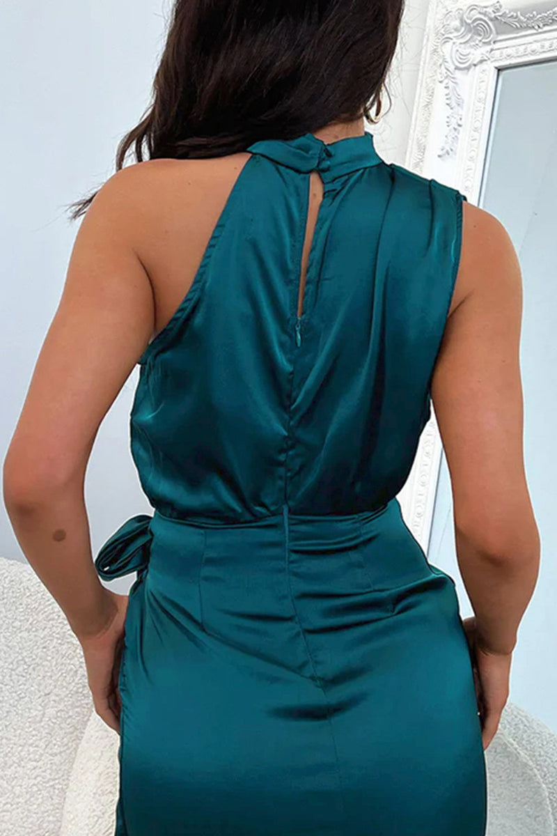 Kaisa Belle satin halter mini dress by Lumina Vancouver in apricot color, featuring a sleek fit and elegant halter neckline.