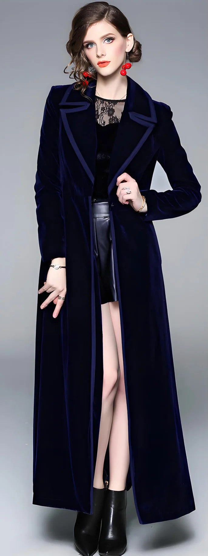 Aurora | Double-Breasted Long Coat in Midnight Blue Velvet - Lumina - Lumina Vancouver