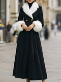 Lumina Wear Beryl longline coat in black with white faux fur trim, stylish winter outerwear with a sleek design.