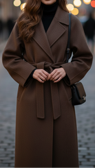Lumina Wear Aurora Luxe classic belted structured brown overcoat, stylish coat with a tailored fit and belt detail.