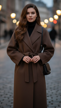 Brown Aurora Luxe Classic Belted Structured Overcoat by Lumina Wear, shown on a model, featuring a tailored fit and belt detail.