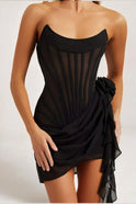 Black Aurora Nightfall Corset Mini Dress by Lumina Wear, featuring a form-fitting silhouette and intricate detailing.