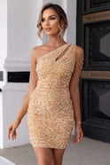 Gold Aurora Lumina Wear sequin-embellished one-shoulder mini dress, fitted style with elegant design for special occasions.