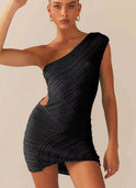 White Aurora textured knit one-shoulder mini dress by Lumina Wear, shown on a model with a fitted silhouette and stylish design.