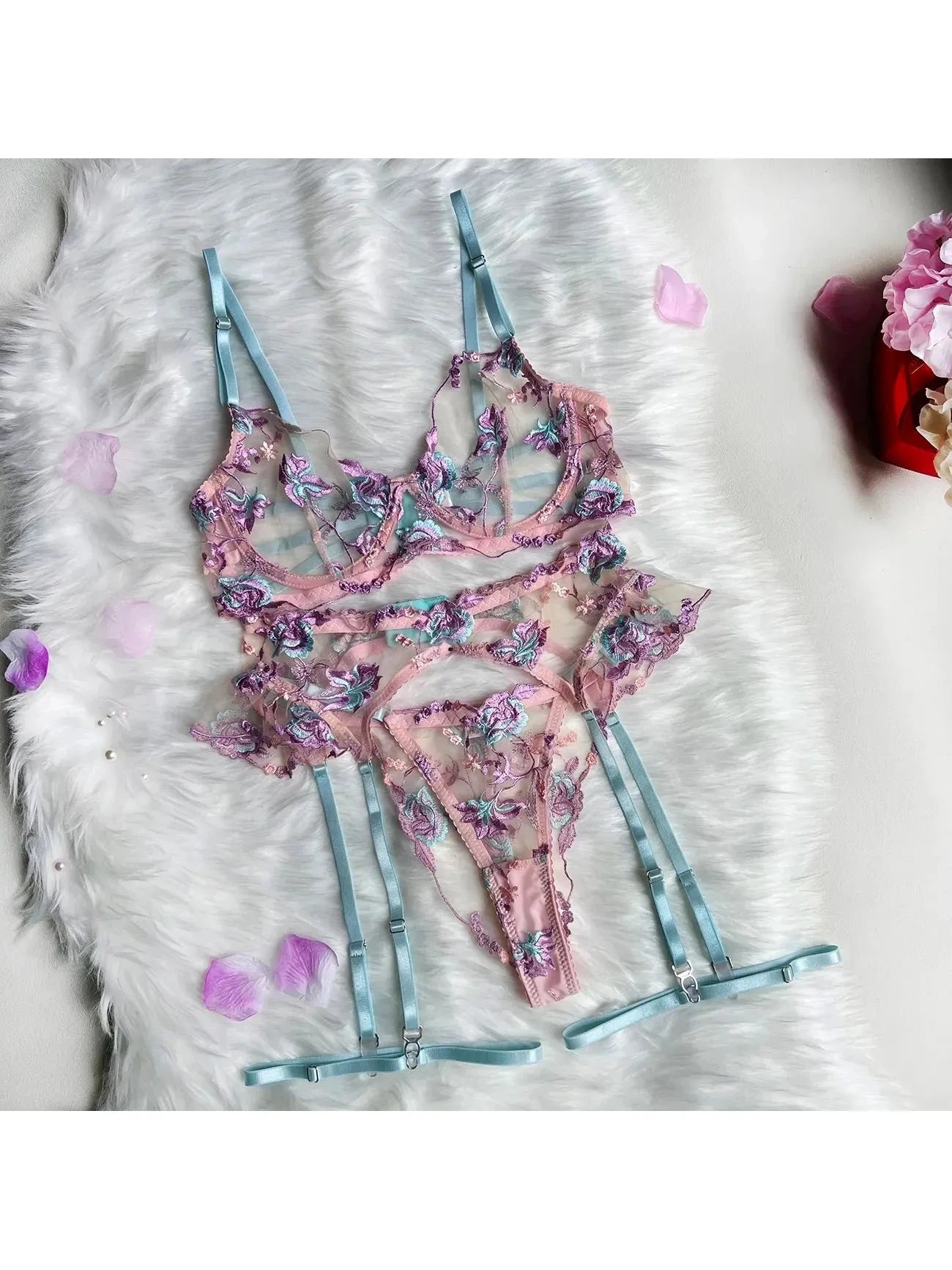 Lumina Vancouver Helene lingerie set featuring delicate lace bra and matching panties in soft pastel colors.
