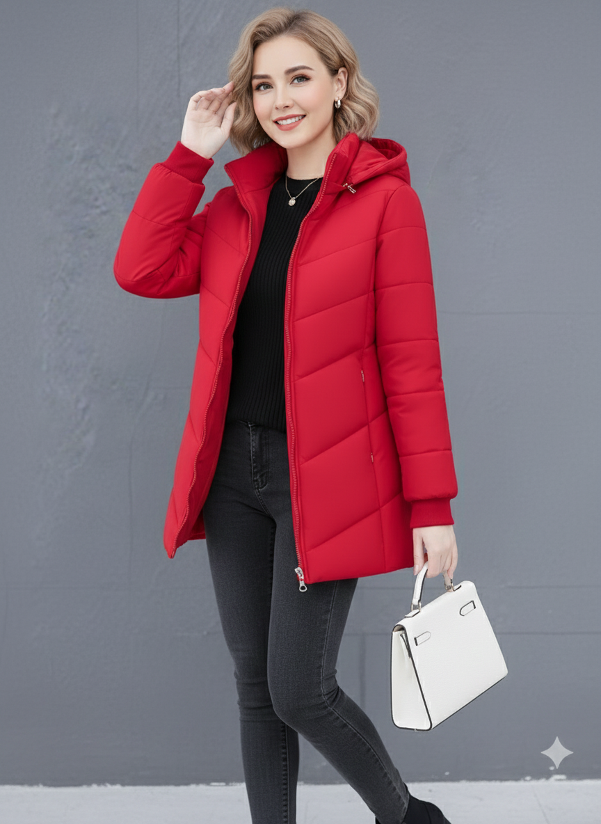 Green Ava Lumina Wear quilted hooded puffer jacket with streamlined fit, lightweight design, and cozy hood for cold weather.