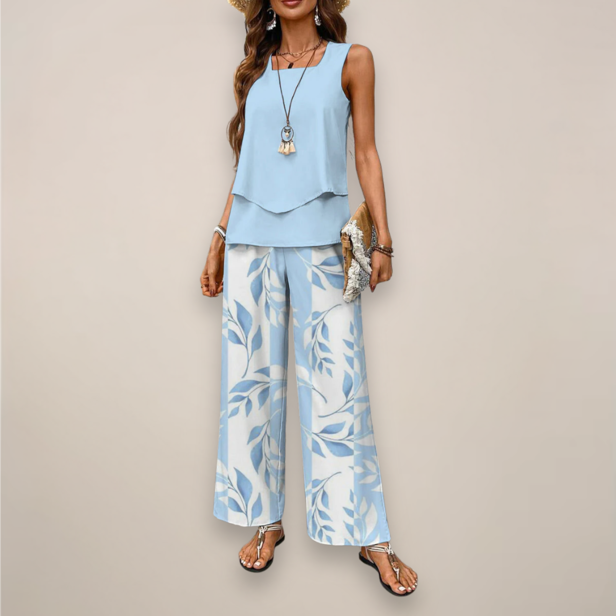 Women's wide-leg printed set with relaxed fit by Lumina Wear, featuring vibrant blue floral pattern and comfortable style.