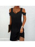 Lumina Wear Avril chic off-shoulder dress, stylish black dress with ruffle details, perfect for elegant occasions.