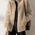 Lumina Wear Beatrice plush teddy fleece jacket with high collar in khaki, shown on a model, cozy and stylish for cold weather.