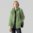 Lumina Wear Beatrice plush teddy fleece jacket with high collar in khaki, shown in XS size, cozy and stylish for cold weather.