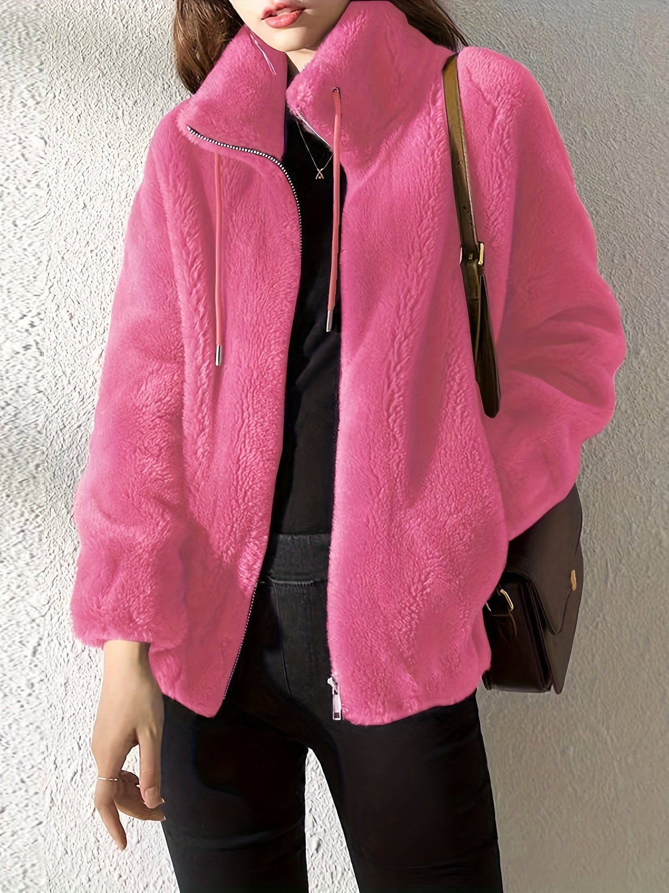Beatrice plush cozy teddy fleece jacket with high collar by Lumina Wear, shown in khaki, XS size, soft and warm outdoor jacket.