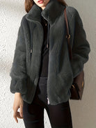 Lumina Wear Beatrice plush teddy fleece jacket with high collar in khaki, shown in XS size, cozy and stylish for cold weather.