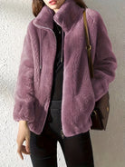 Lumina Wear Beatrice plush teddy fleece jacket with high collar, khaki color, XS size, cozy and stylish for cold weather.