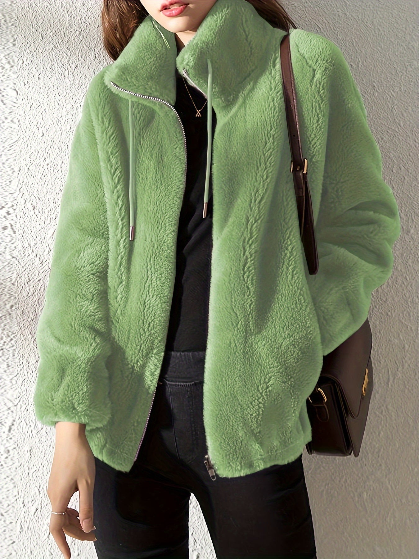 Lumina Wear Beatrice plush teddy fleece jacket with high collar in khaki, shown on a model showcasing cozy winter style.