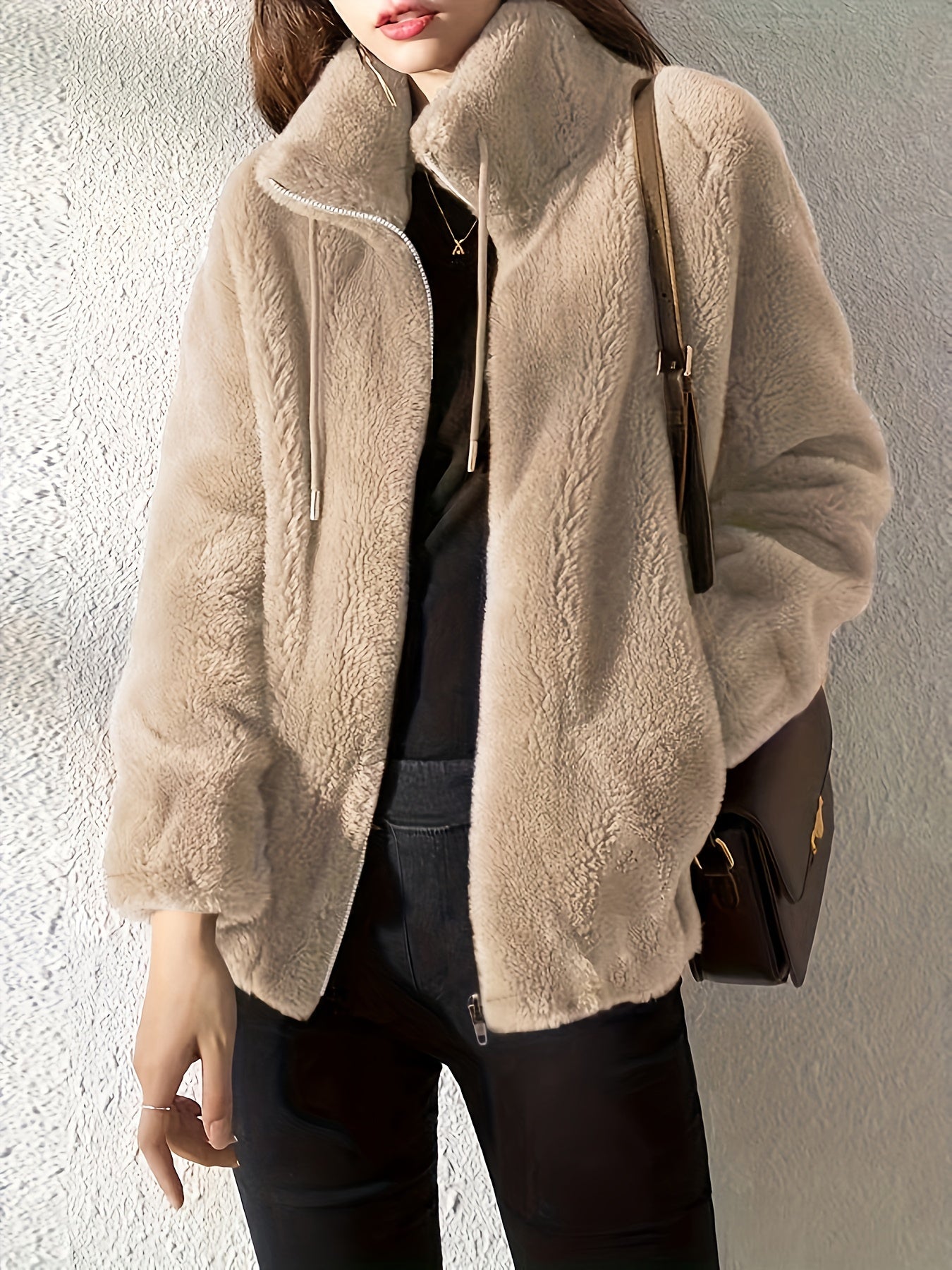 Lumina Wear Beatrice plush teddy fleece jacket with high collar in khaki, shown in size XS, cozy and stylish for cold weather.