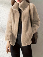 Lumina Wear Beatrice plush teddy fleece jacket with high collar in khaki, shown in size XS, cozy and stylish for cold weather.