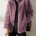 Lumina Wear Beatrice plush teddy fleece jacket with high collar in khaki, shown in XS size on model. Cozy, stylish outerwear.