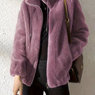 Beatrice plush teddy fleece jacket with high collar by Lumina Wear in khaki, shown in size XS, cozy and stylish outerwear.