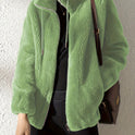 Lumina Wear Beatrice plush teddy fleece jacket with high collar in khaki, cozy and warm, shown on a model in size XS.