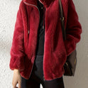 Beatrice plush cozy teddy fleece jacket with high collar in khaki by Lumina Wear, shown on a model.