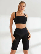 Lumina Vancouver black quick-drying yoga bra and bicycle shorts bundle, lightweight sports bras with matching athletic shorts.